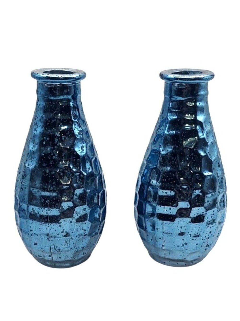 Mercury Glass Bud Vase Set Of 2 Blue Pebble Grain Textured Reflective  Retro